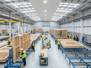 Workers assembling prefabricated home wall panels and modules inside a factory